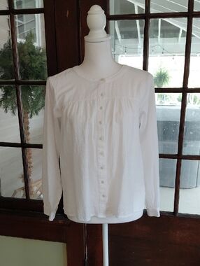 LOFT White Long-Sleeve Button-Down Blouse Light-Weight Cotton Blend Size MP